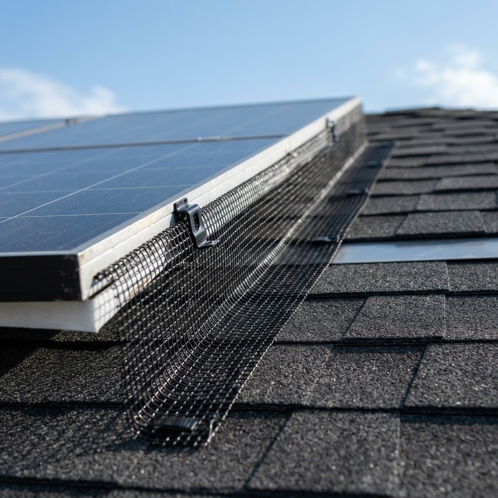 Solar panel with critter guard mesh installed