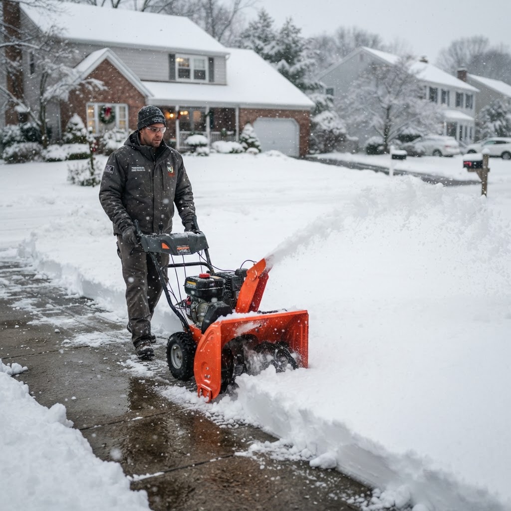 Professional snow removal contractor clearing a snow-covered residential driveway and sidewalk with a snow blower after a heavy winter storm