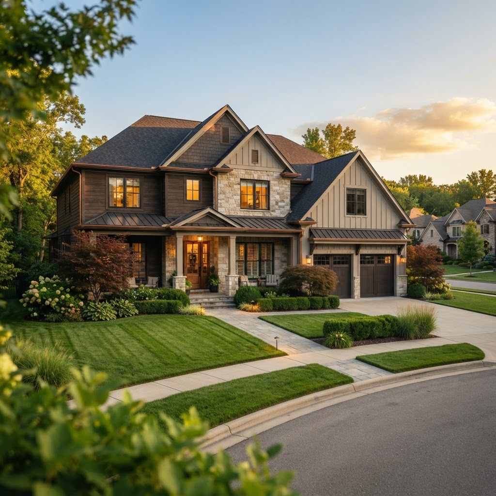 A professionally maintained South Jersey home with a clean roof, gutters, and manicured lawn at golden hour