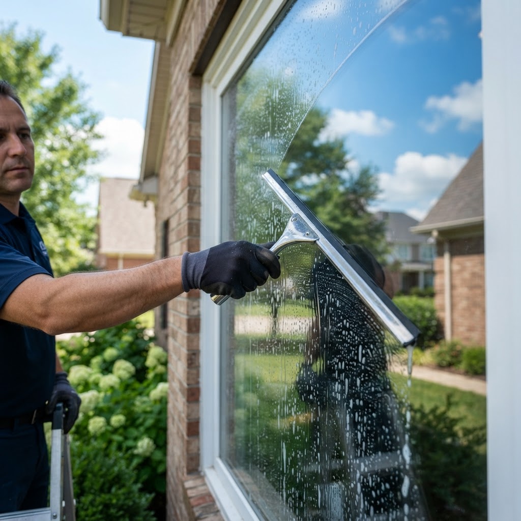 Professional residential window cleaning with a squeegee on a large bright window