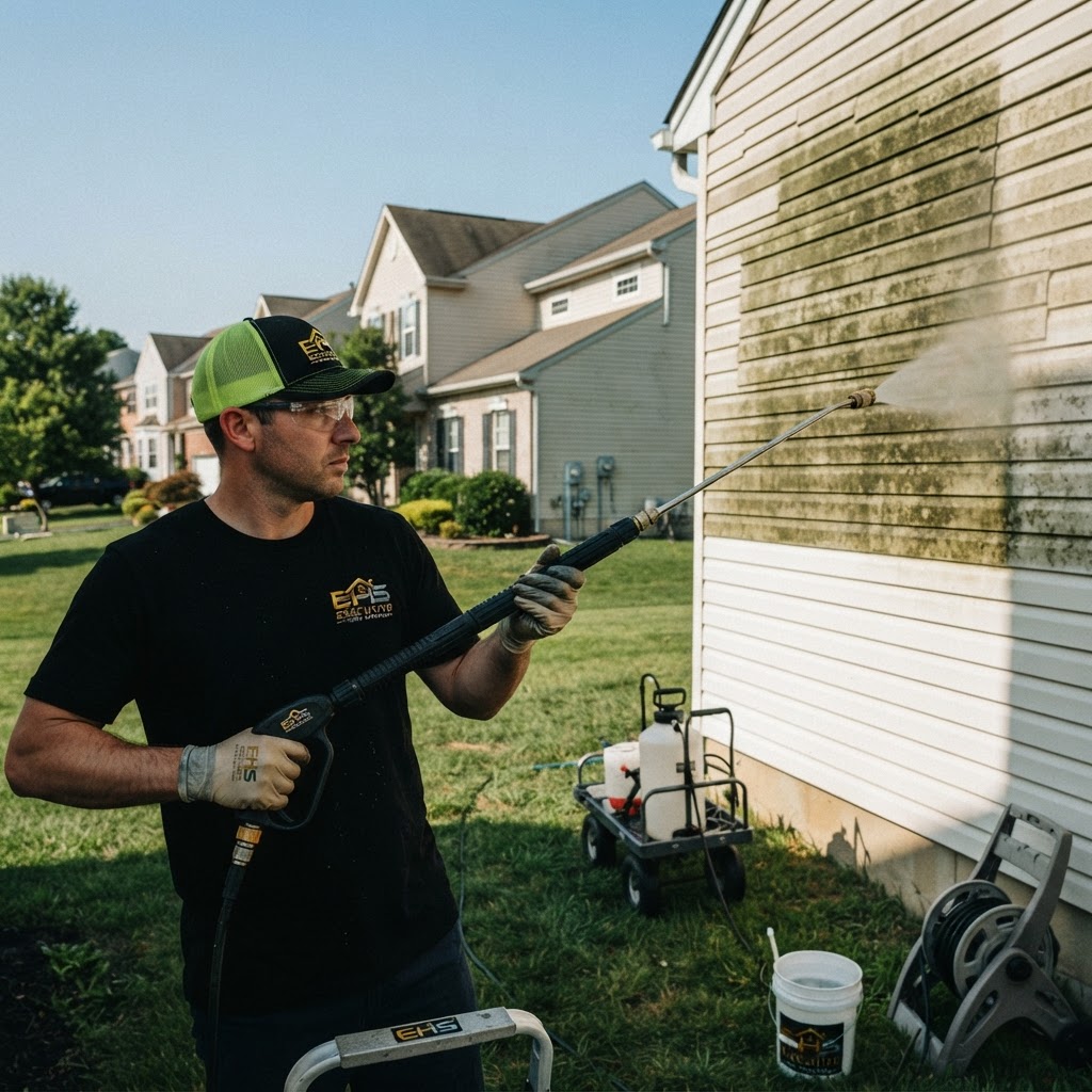 Executive Home Services technician soft washing green algae from white vinyl siding with a visible clean streak