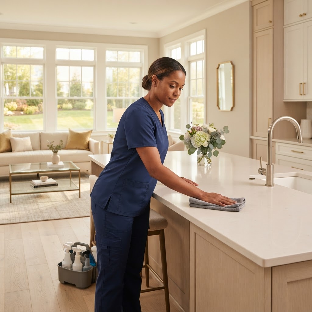 Professional home cleaning technician wiping down a spotless kitchen counter in a bright, freshly cleaned modern home interior