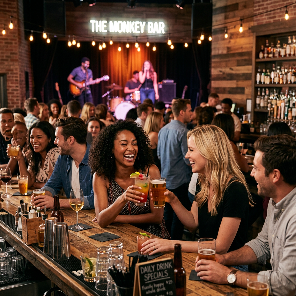 The Monkey Bar a upbeat location where locals can Mingle and find live music and entertainment and daily drink specials with everyday happy hour from 5:00 to 9:00 with half price drinks