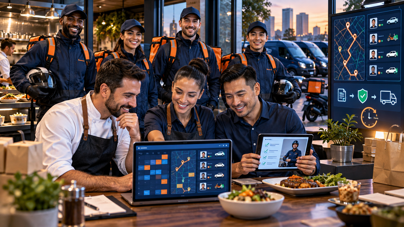 FoodRunz delivery team collaborating over delivery management dashboard