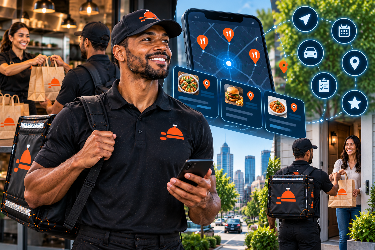 FoodRunz driver matching — smartphone map interface with delivery opportunities and logistics network
