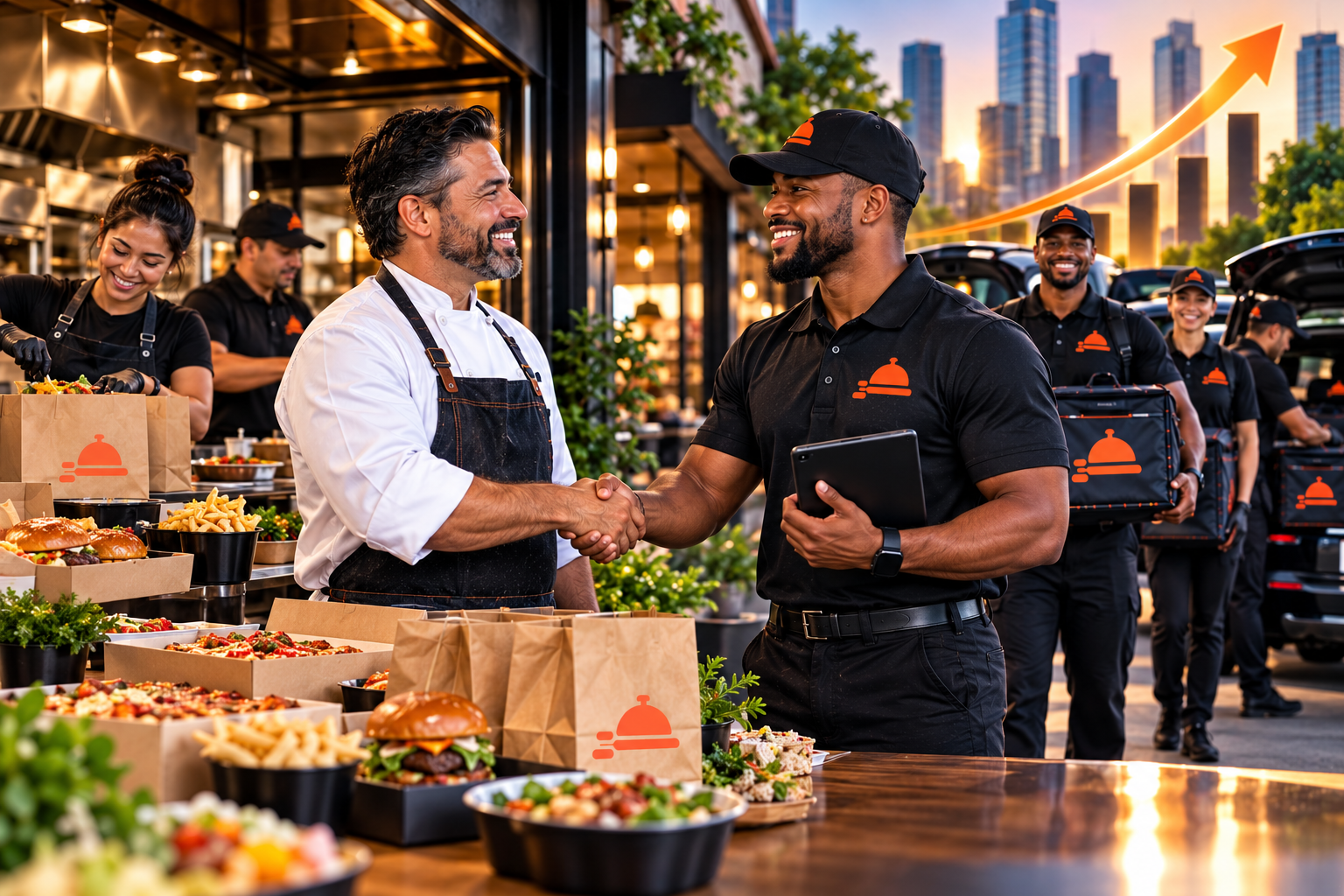 Chef and FoodRunz delivery professional shaking hands in partnership