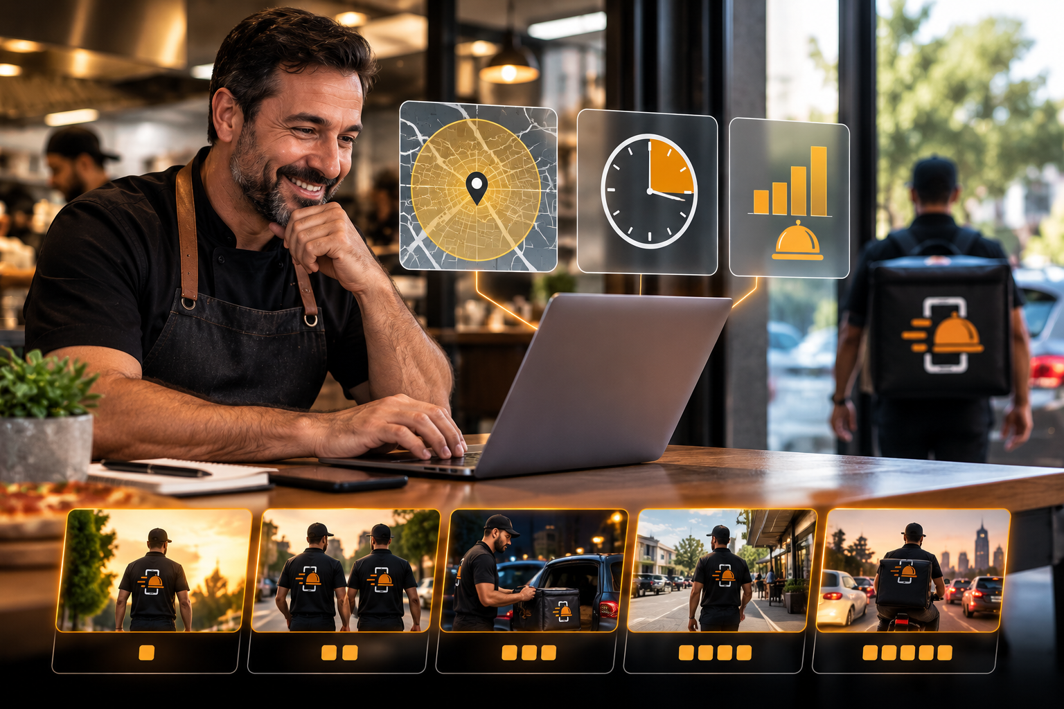 Restaurant owner managing delivery coverage on a laptop with logistics overlays