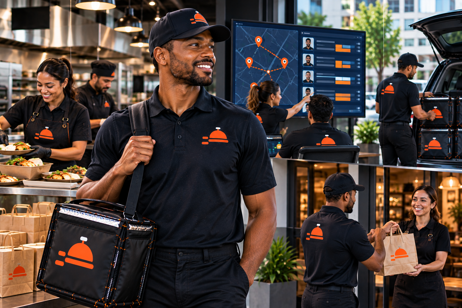 FoodRunz structured delivery operation — kitchen prep, logistics dashboard, driver loading and delivery