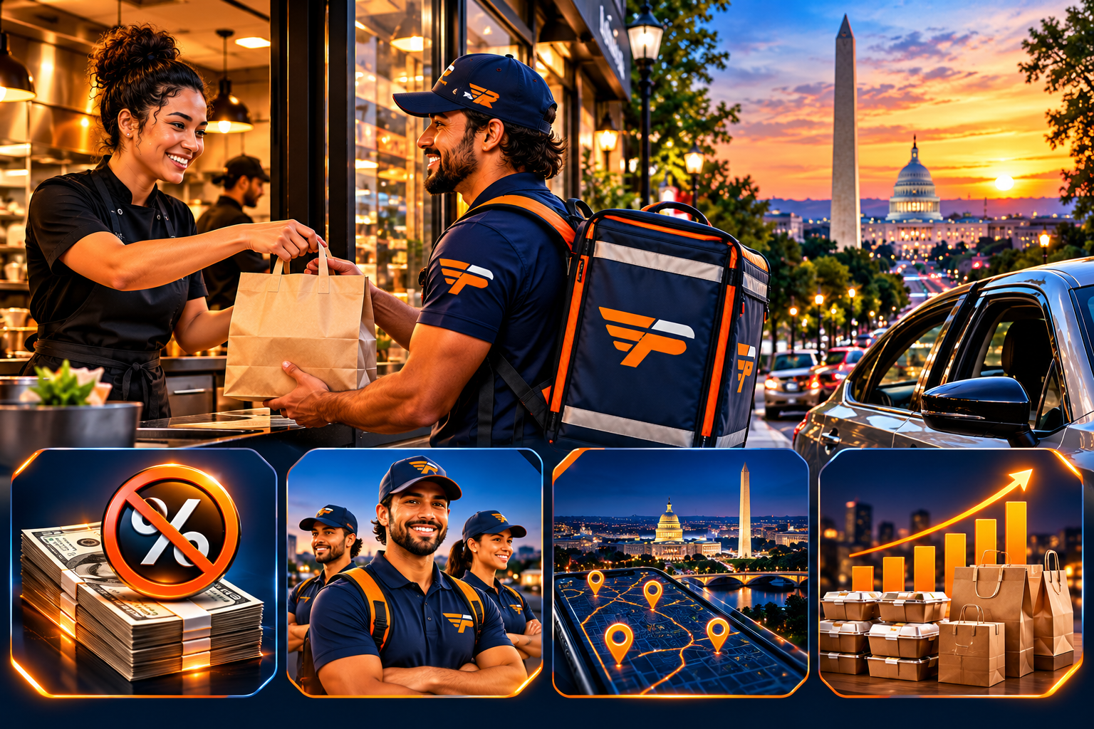 FoodRunz courier delivering to a D.C. restaurant at sunset, with zero commission, focused drivers, D.C. routing and growth