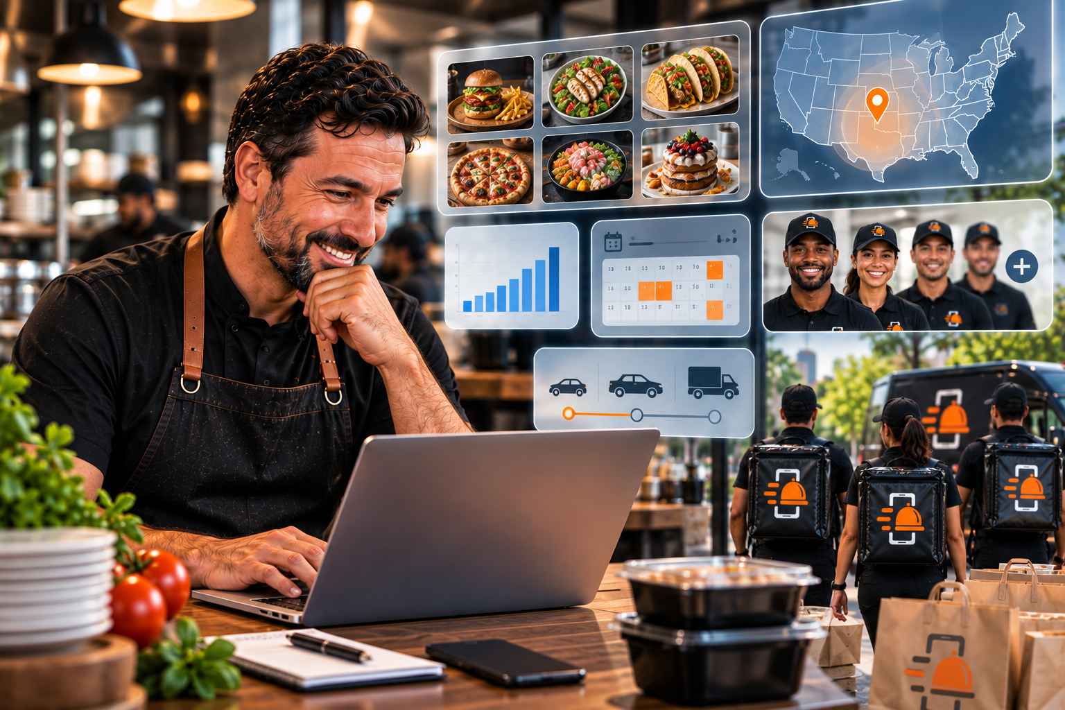 Business owner using the FoodRunz digital management dashboard