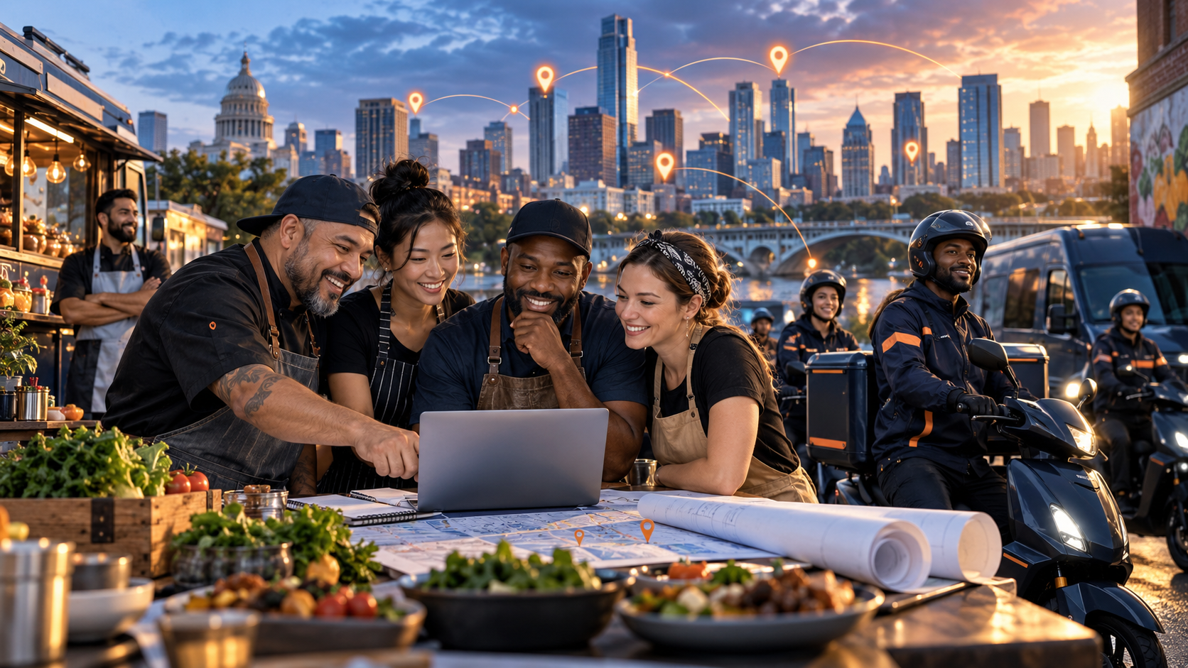 Food businesses and FoodRunz team planning delivery expansion over a city map