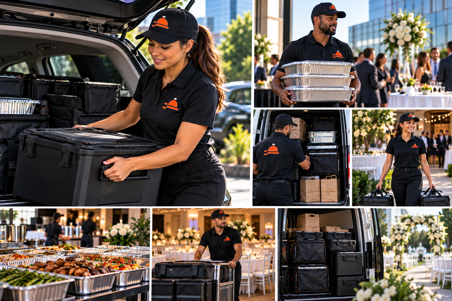 FoodRunz catering logistics — staff transporting insulated catering cases, foil food trays, and event delivery setup