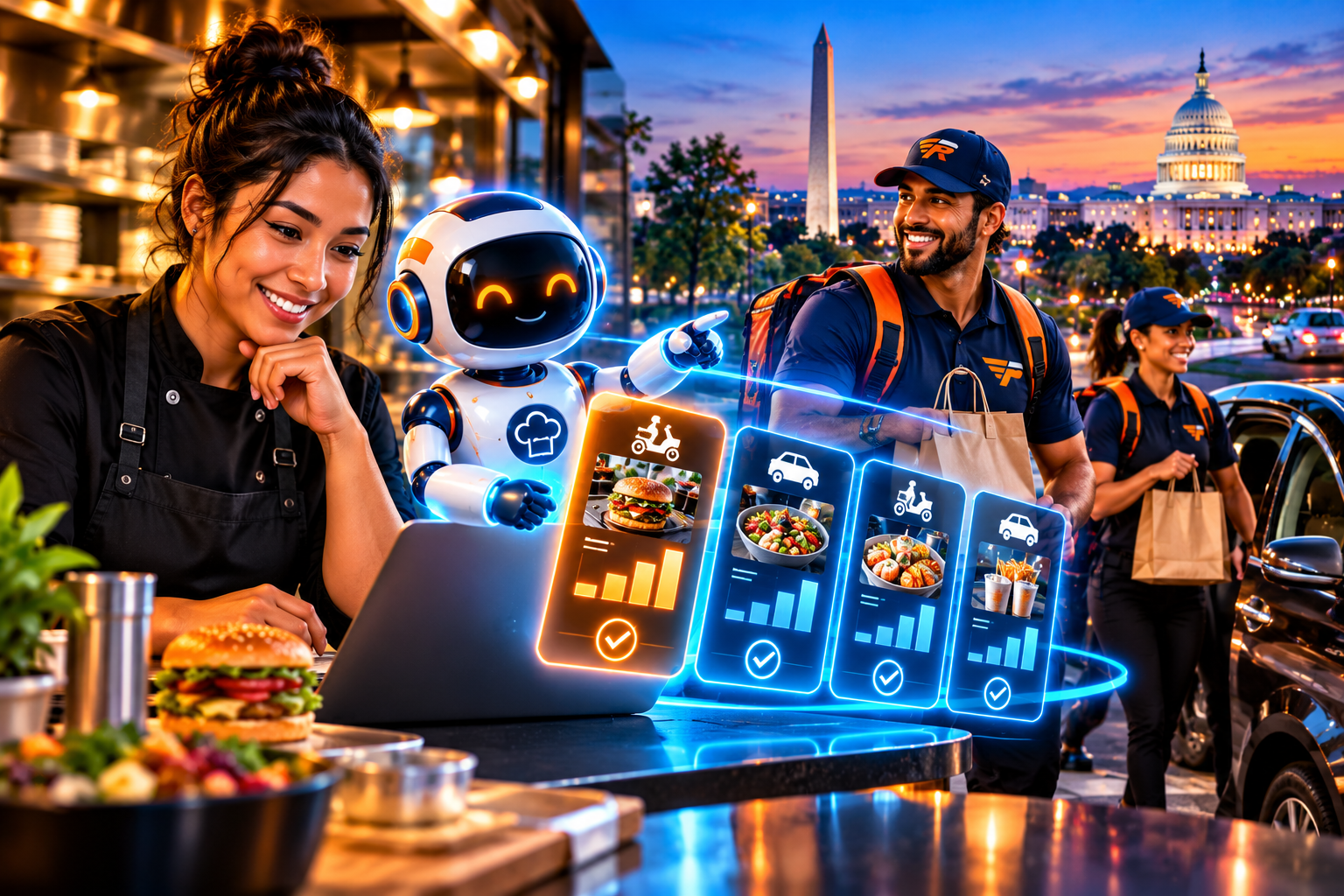 AI-powered delivery planning for a restaurant, with a delivery plan dashboard, FoodRunz driver and the Washington Monument at sunset