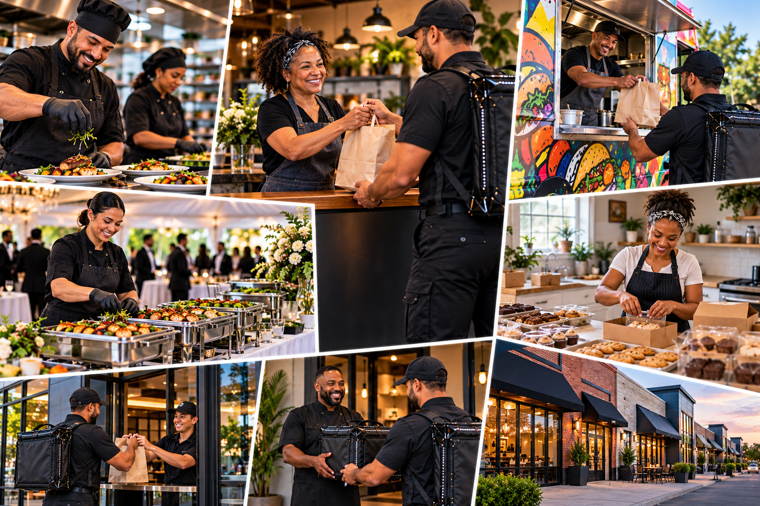 FoodRunz collage of real food businesses — restaurants, food trucks, bakeries, and caterers