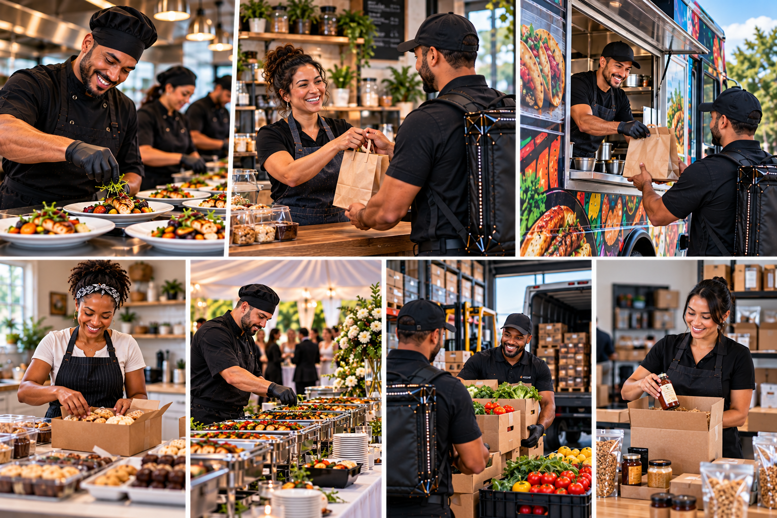 FoodRunz collage of the food businesses we serve — restaurants, food trucks, bakeries, caterers, and wholesalers
