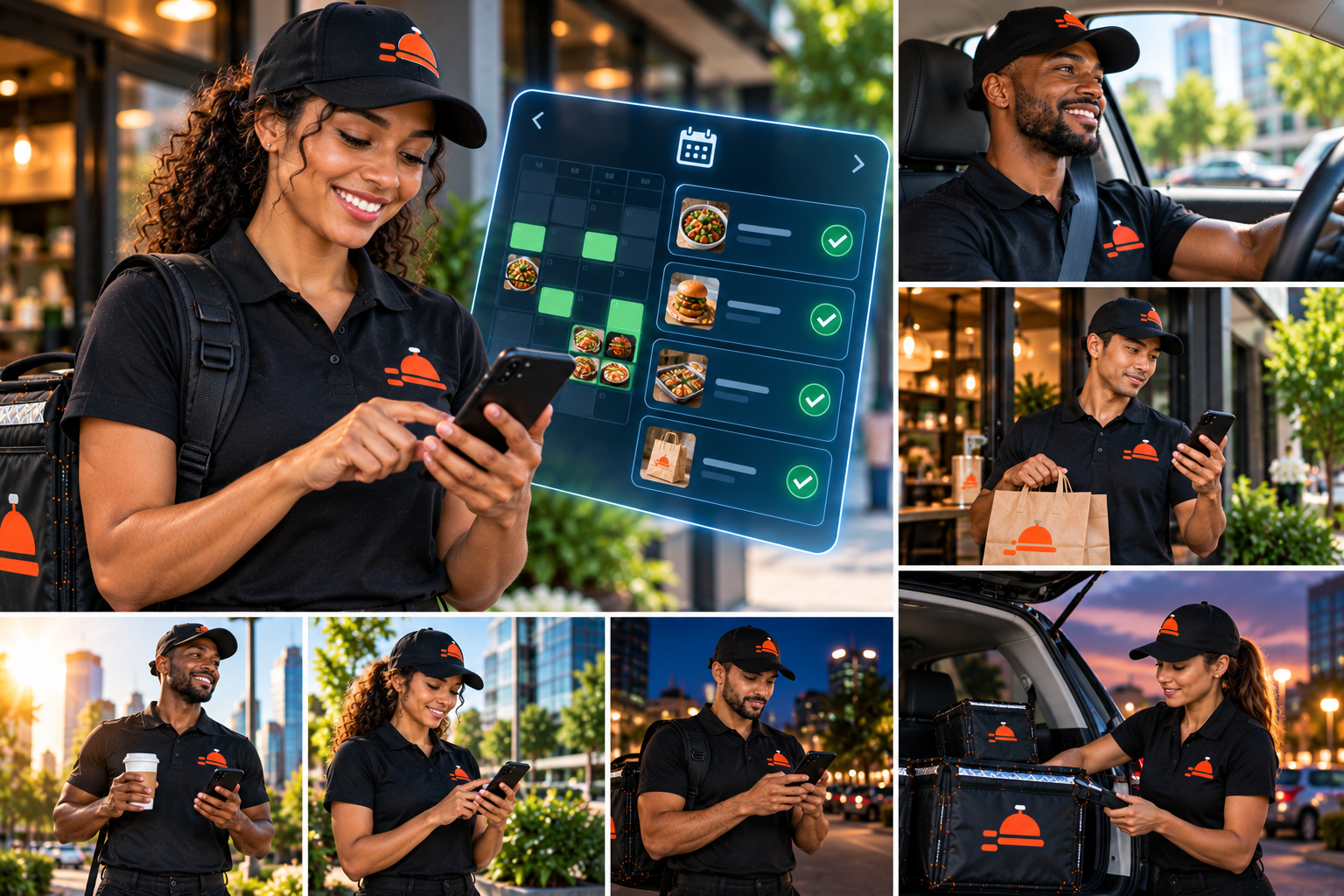 FoodRunz driver scheduling — holographic calendar interface with order assignments and available opportunities