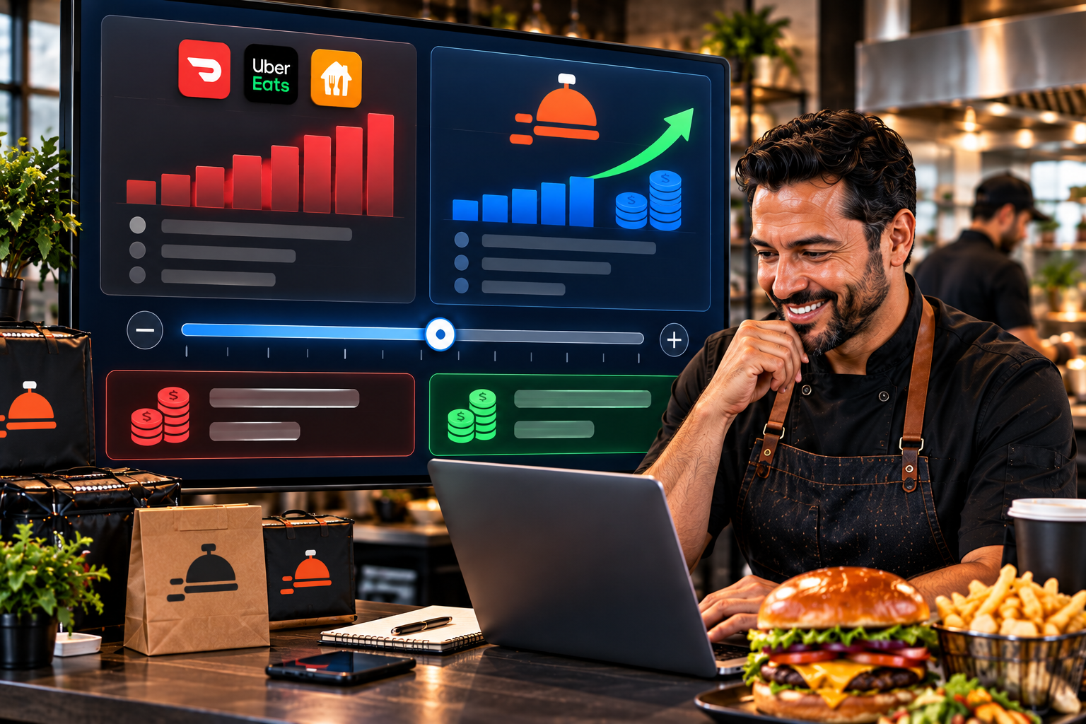 Restaurant owner reviewing a FoodRunz savings dashboard comparing gig-app commission costs against flat-rate delivery pricing