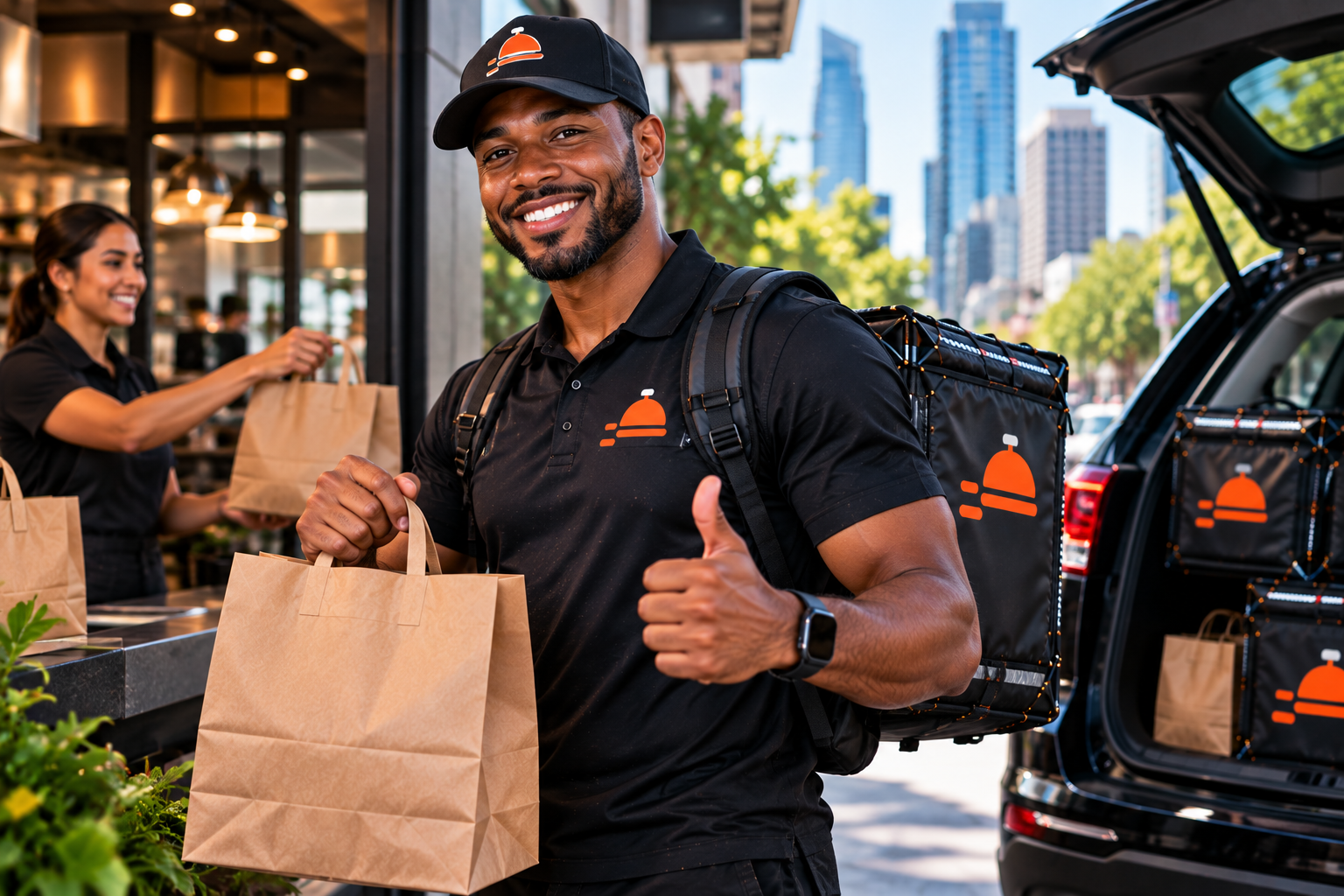 Smiling FoodRunz delivery driver giving a thumbs-up outside a restaurant