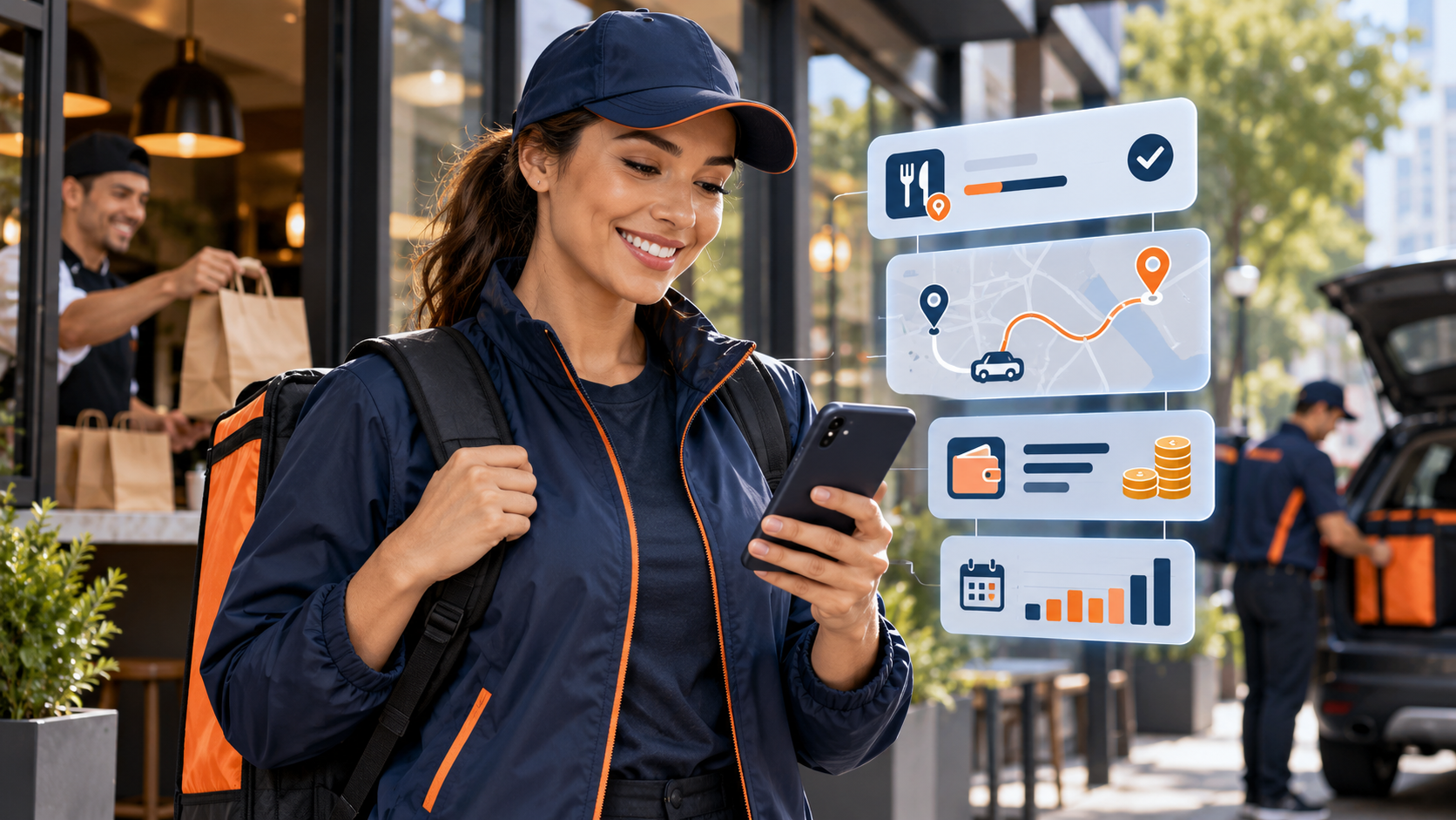 FoodRunz driver reviewing DriverPay earnings, route, and payout schedule on a transparent digital interface