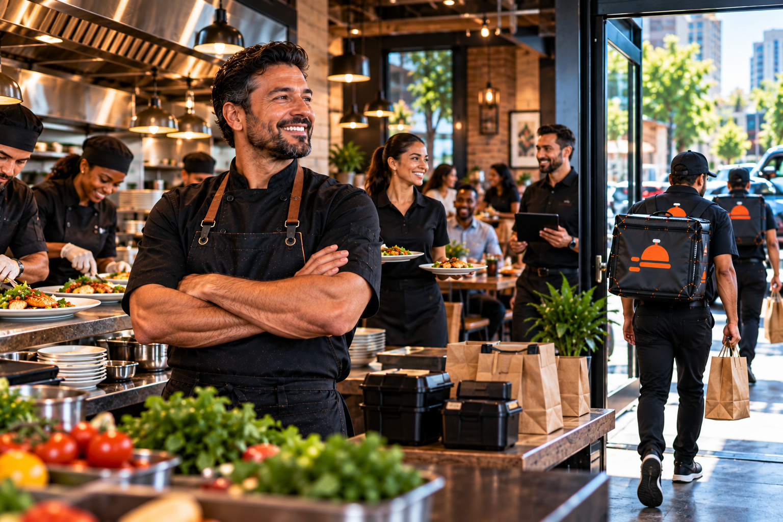FoodRunz — well-staffed restaurant kitchen with dedicated delivery driver heading out to deliver