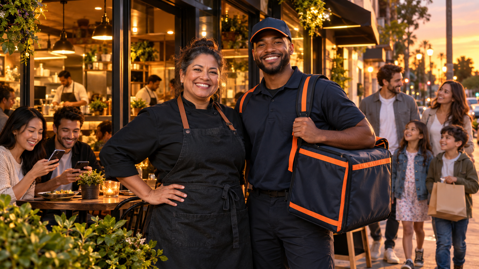 Restaurant owner and FoodRunz delivery partner together at golden hour