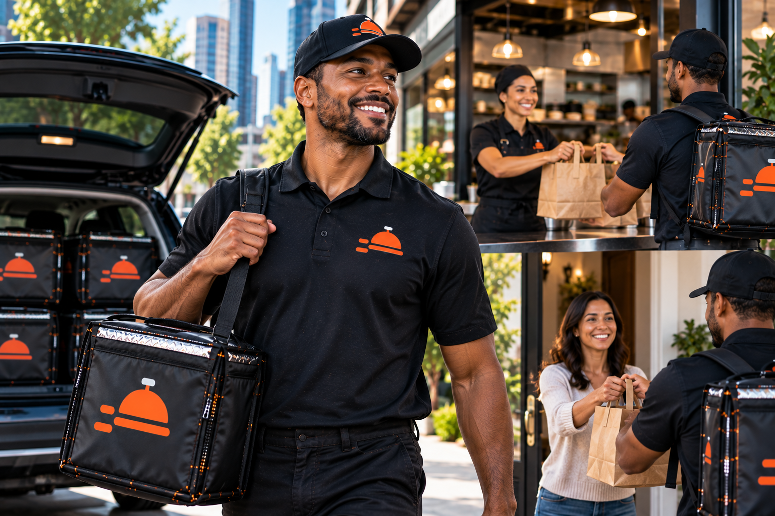 FoodRunz driver workflow — loading, picking up, and delivering with branded thermal bags