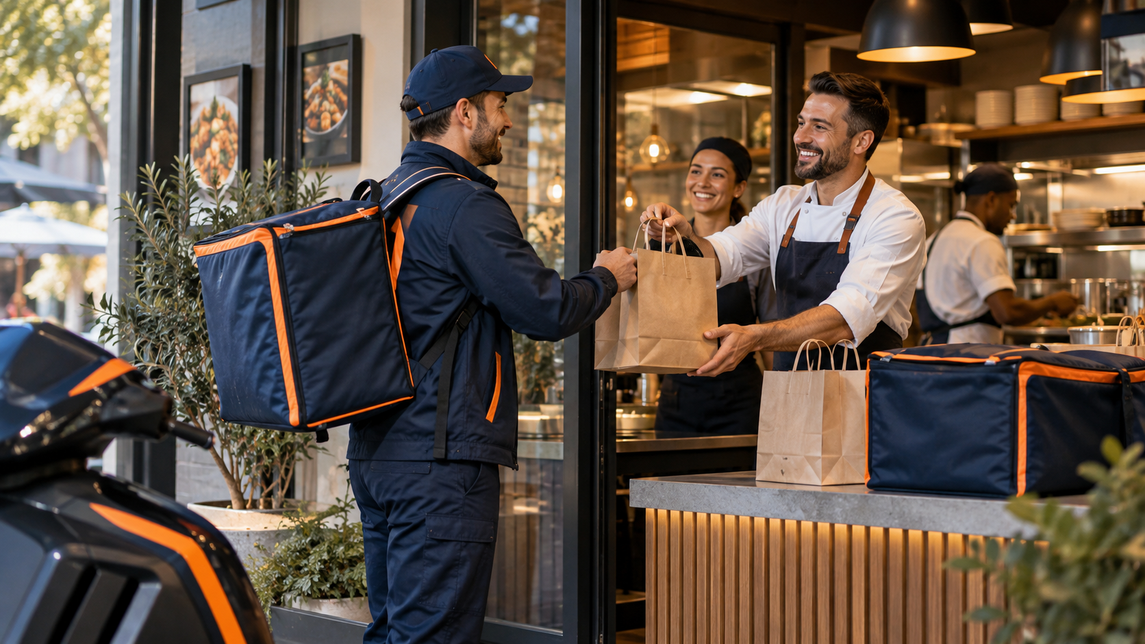 FoodRunz driver receiving a takeout order from a restaurant chef