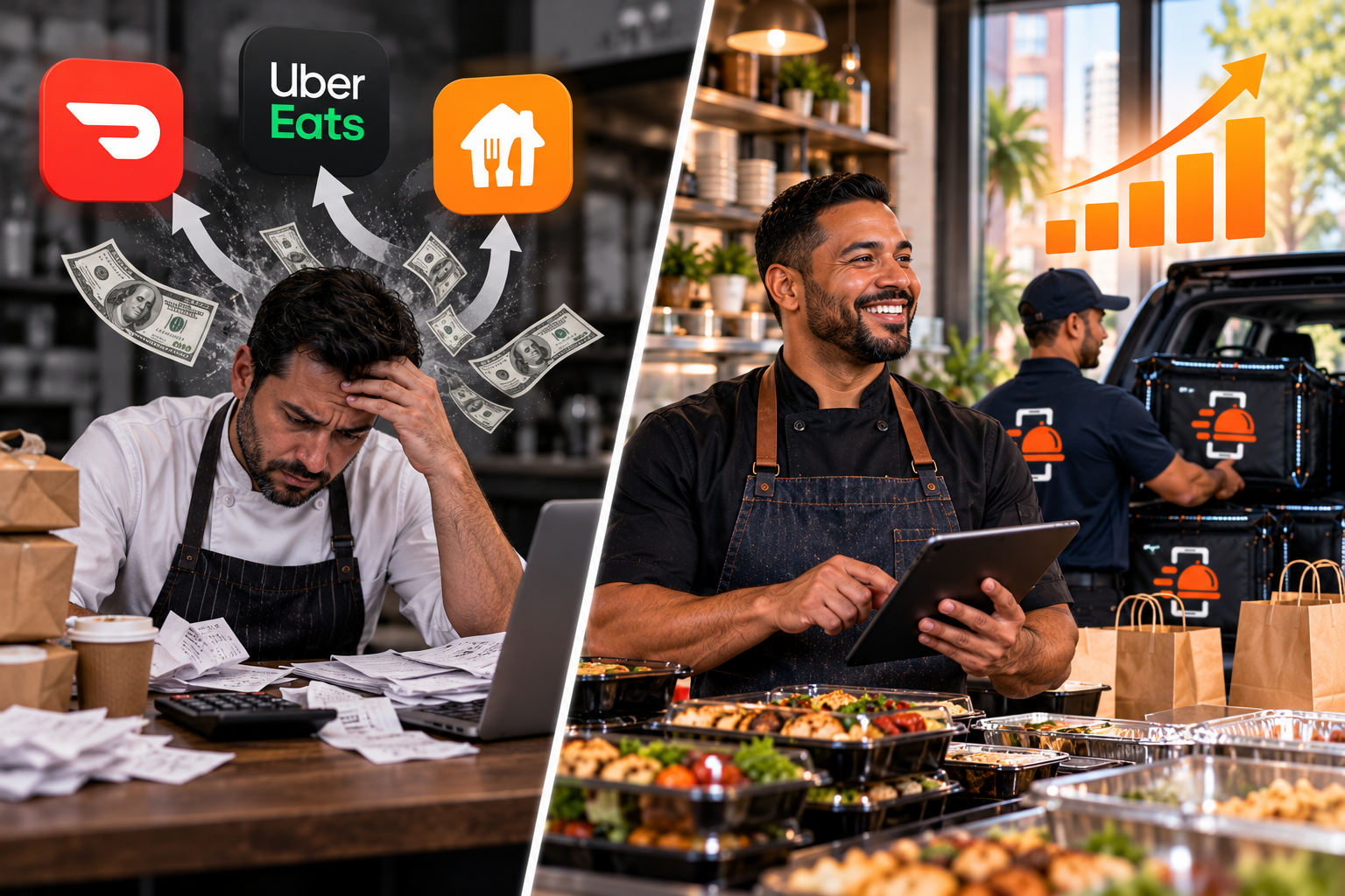 Comparison — stressed owner losing profits to third-party delivery apps vs. a FoodRunz-powered business with controlled, growing operations