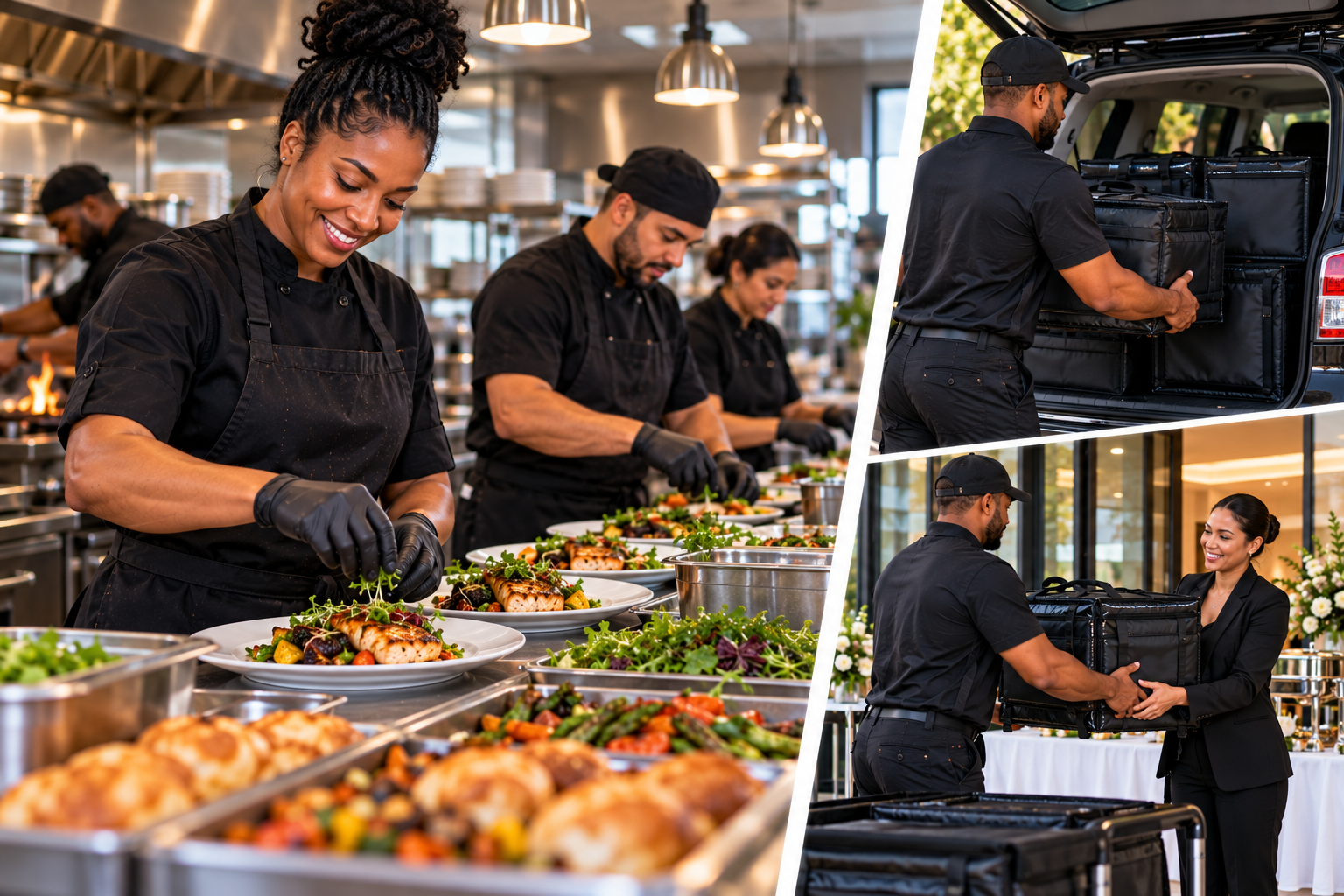 Catering kitchen staff prepping food while FoodRunz handles the delivery handoff