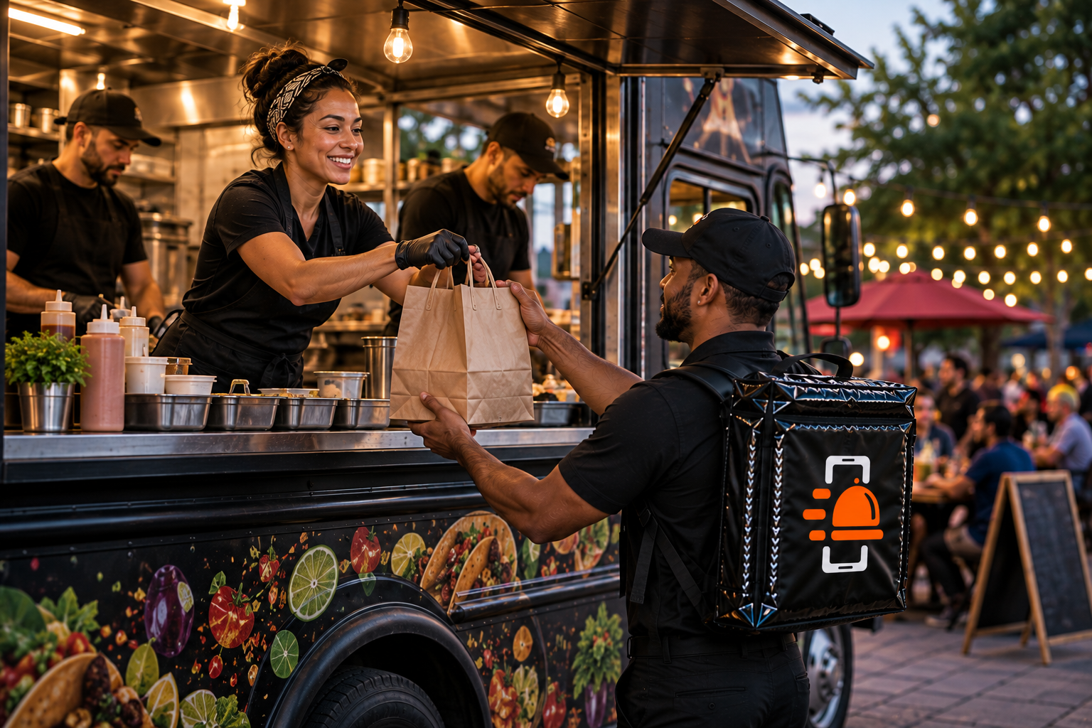 FoodRunz driver picking up from a food truck while the team stays focused on service