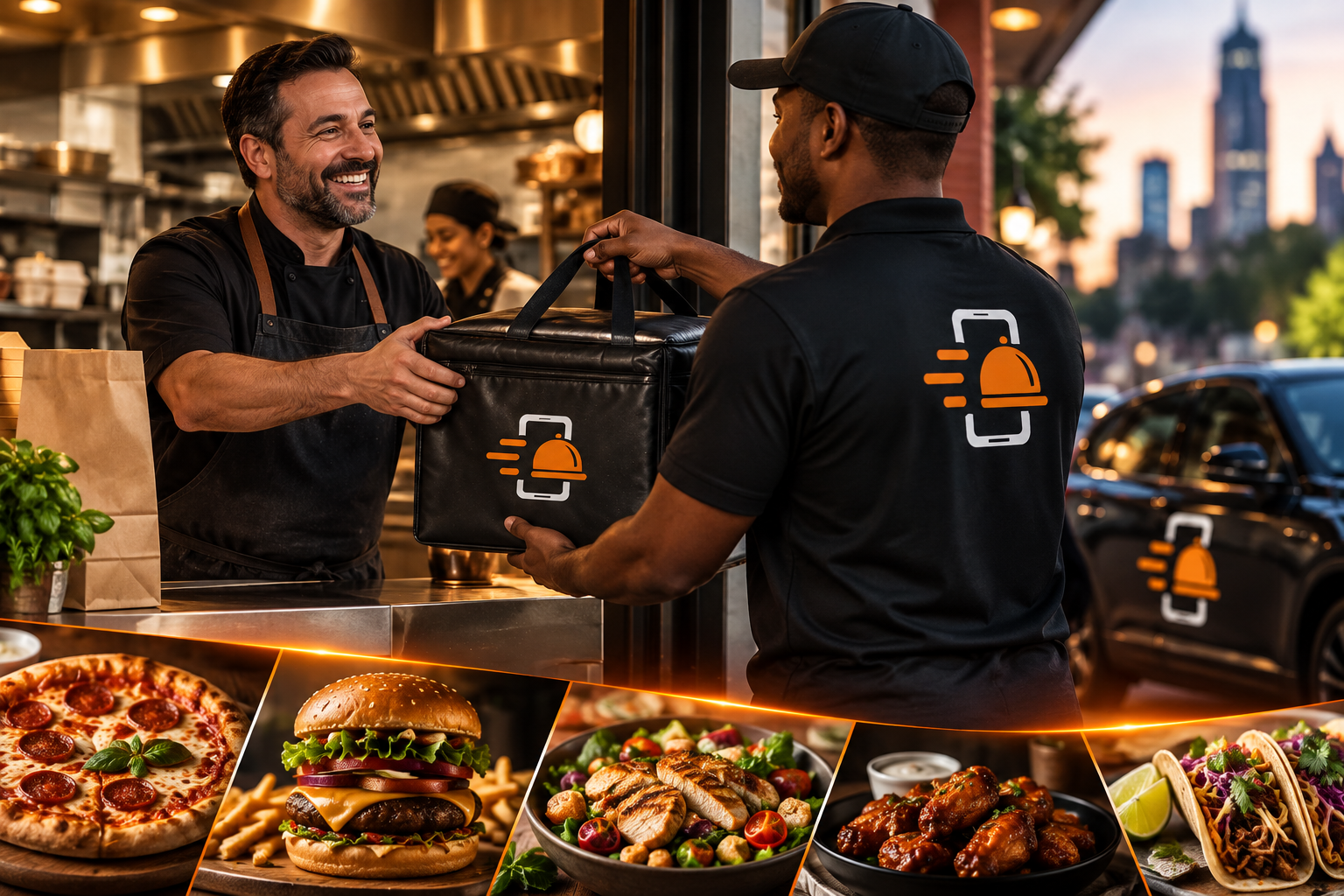 FoodRunz branded delivery hand-off between a chef and driver, with a variety of delivered foods