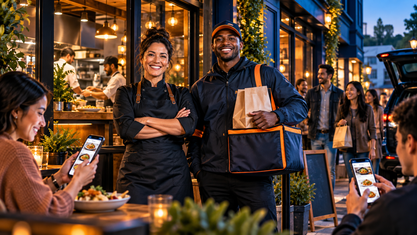 FoodRunz delivery partner and restaurant owner collaborating at dusk