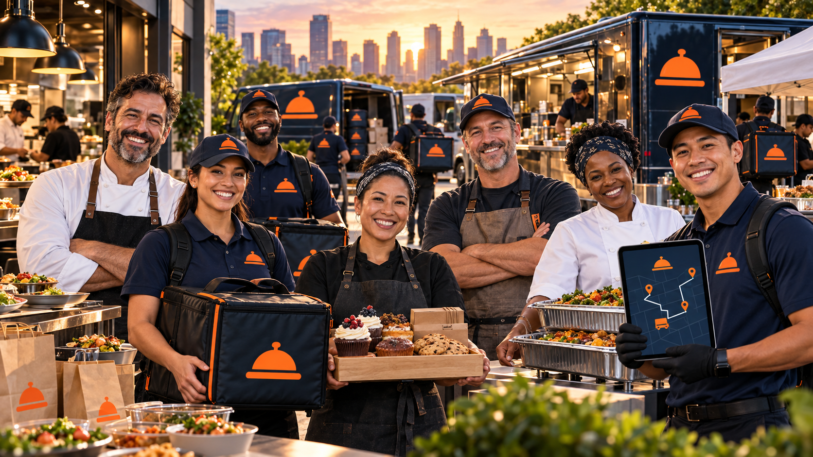 FoodRunz delivery team and food service professionals at sunset