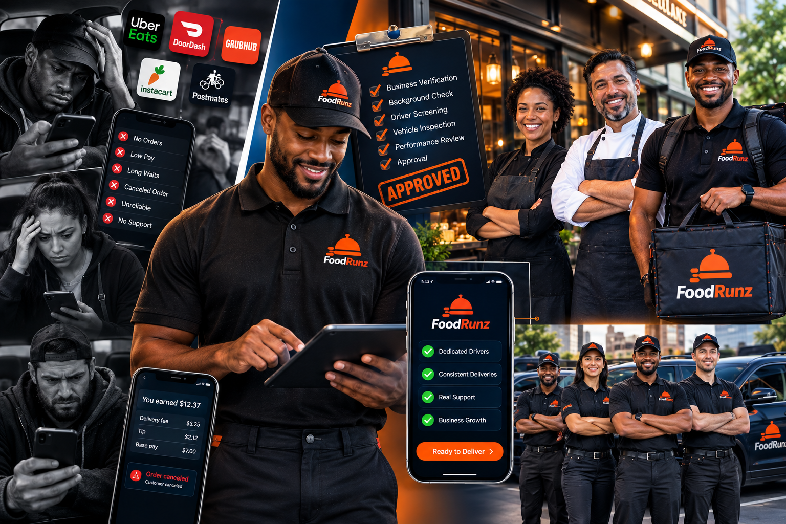 FoodRunz approval policy contrast: gig app frustrations vs professional FoodRunz service model