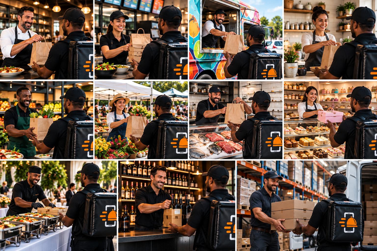 FoodRunz delivery driver interacting with diverse food businesses