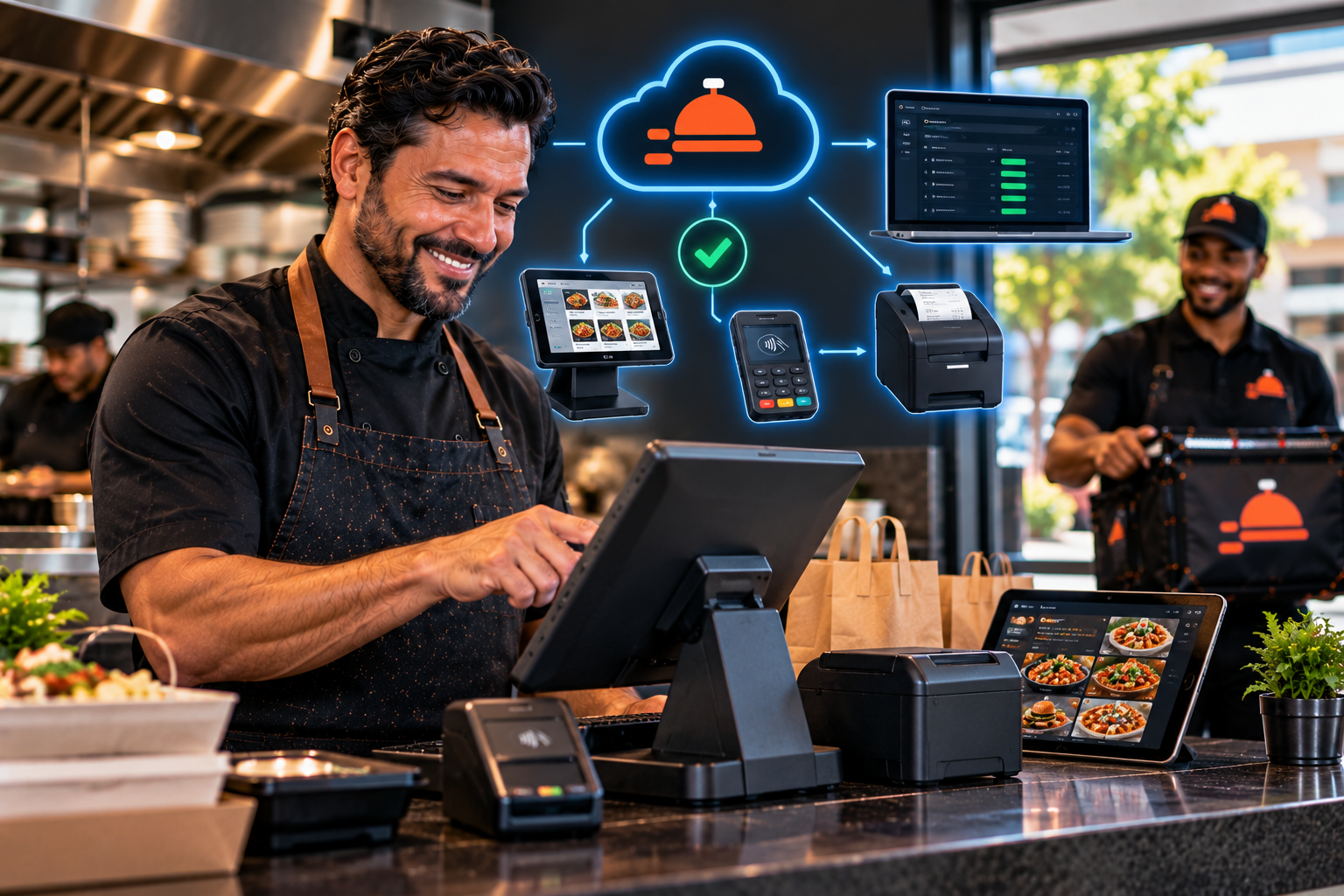 FoodRunz POS and payment technology compatibility — restaurant workflow integrated with POS, card reader, receipt printer, and tablet