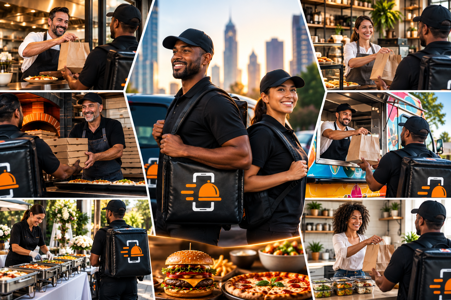 FoodRunz delivery drivers and vendor handoff collage