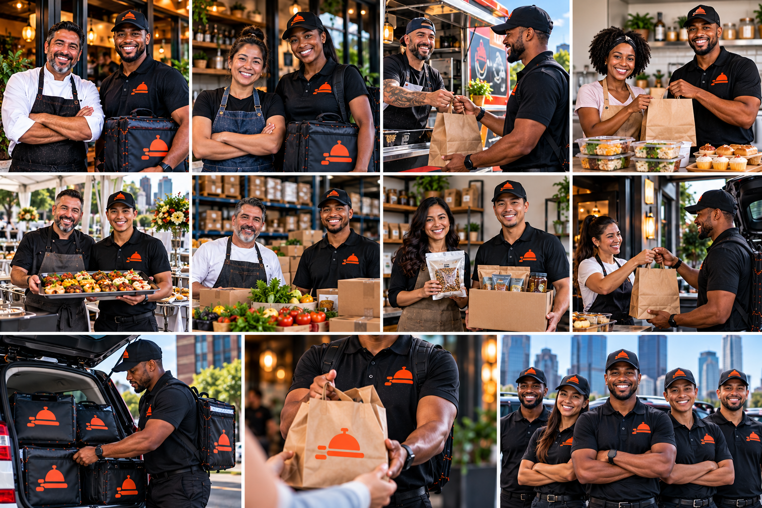 FoodRunz delivery drivers and kitchen staff collaborating across various business types