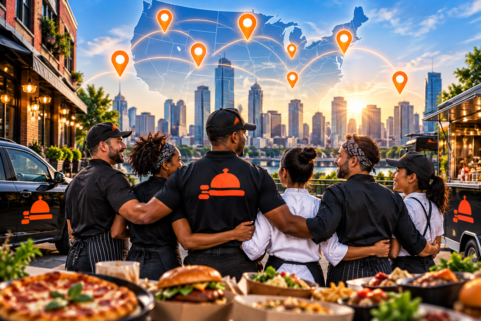 FoodRunz team and branded vehicles facing a city skyline with a U.S. map and connected location pins