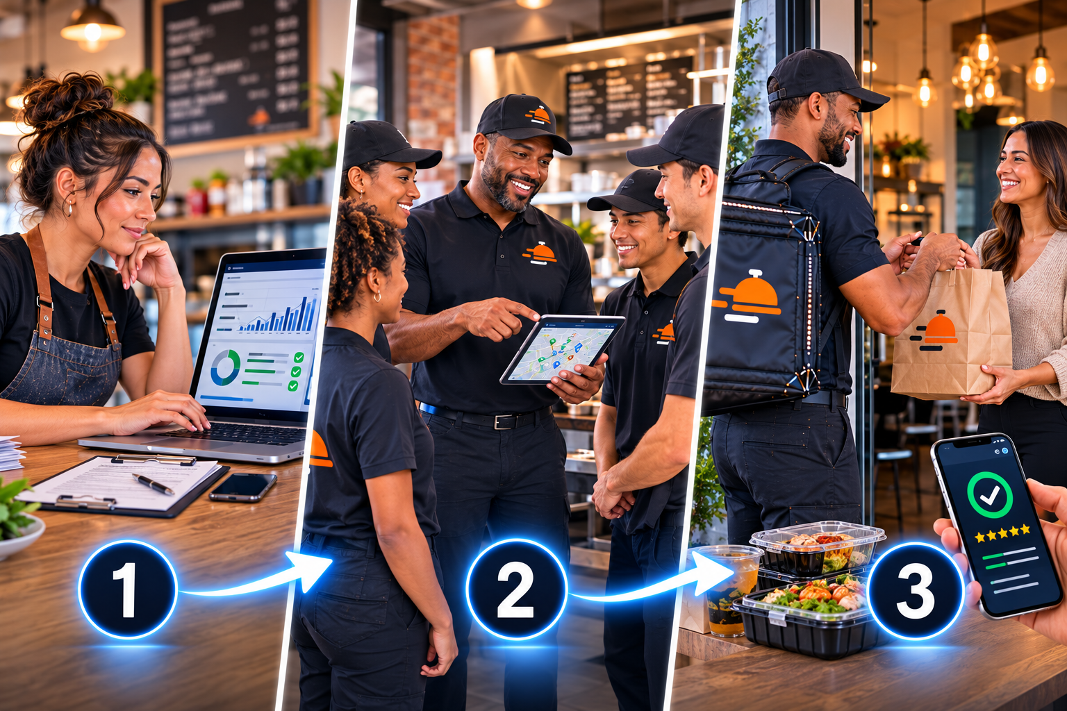 FoodRunz three-step delivery process — staff at laptop, team reviewing map, driver handing off order to customer