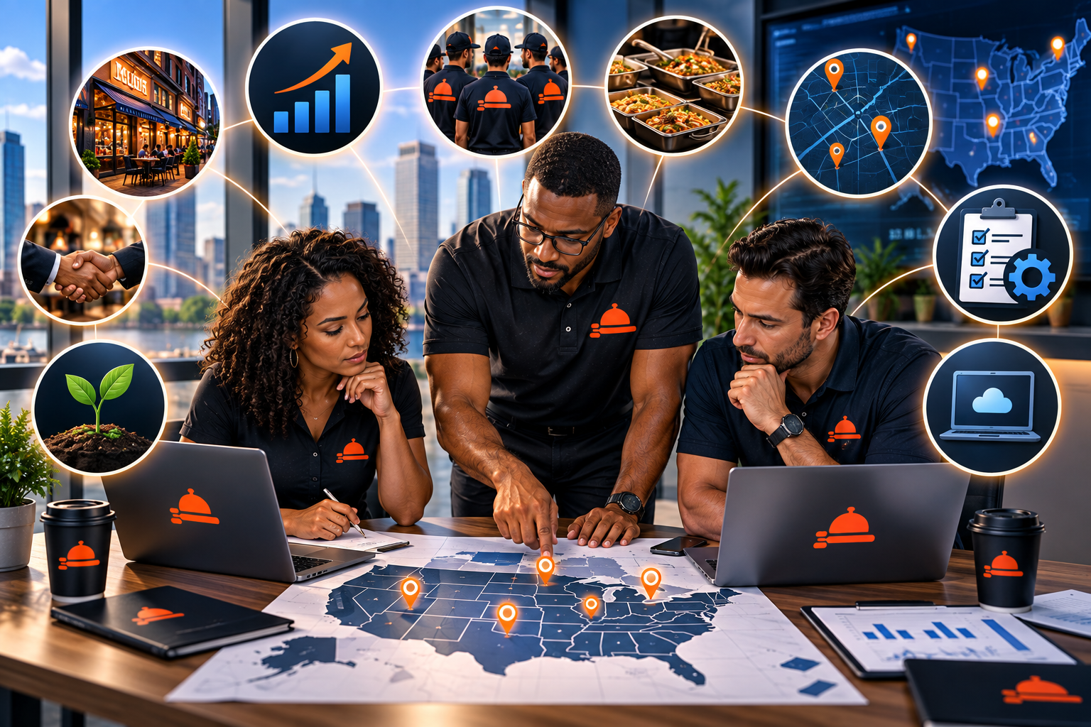 FoodRunz team evaluating a U.S. market map with connected evaluation-factor icons