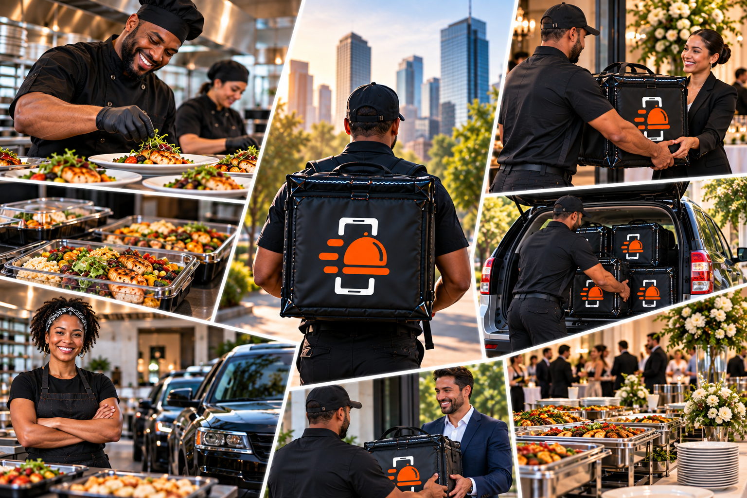 FoodRunz branded delivery collage — prep, transport, and handoff for food businesses