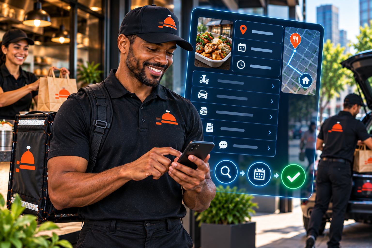 FoodRunz driver reviewing assignment details on a transparent digital interface before accepting