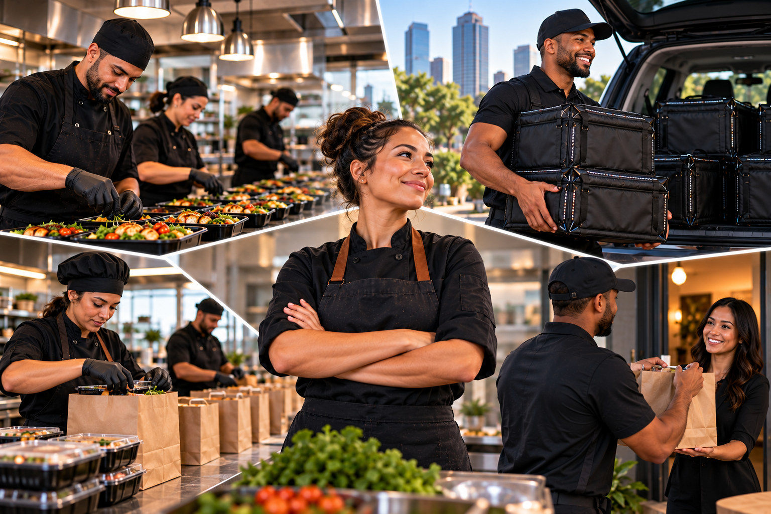 FoodRunz cost-control collage — kitchen prep, driver loading, and delivery handoff