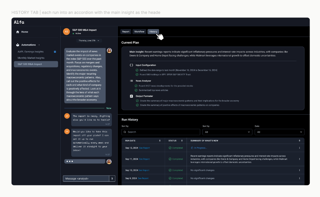 History tab — final run table with Summary of What's New column