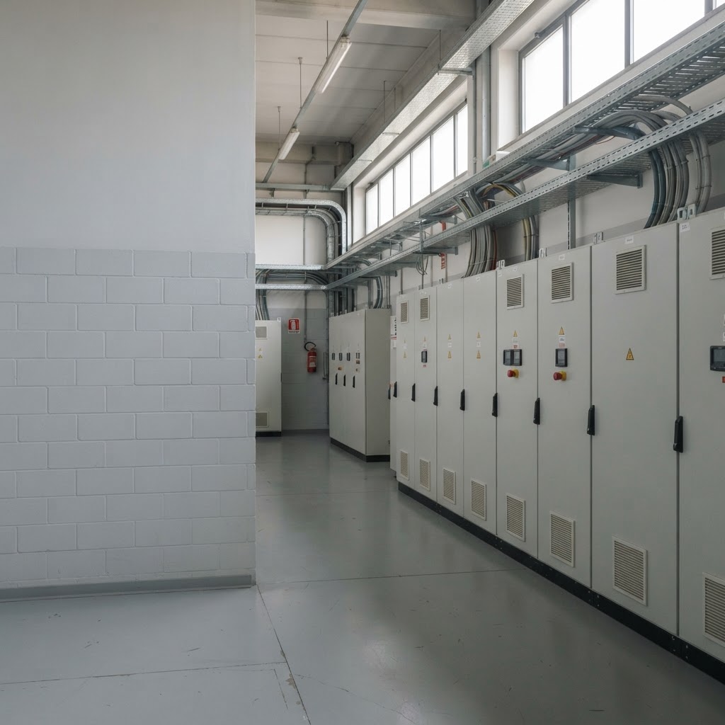 Locale tecnico di un'attività produttiva con armadi elettrici chiusi e canalizzazioni ordinate