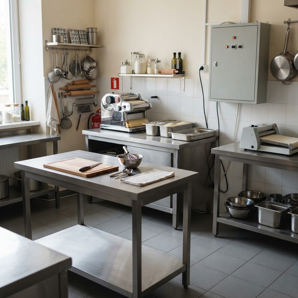 Laboratorio alimentare ordinato con quadro elettrico chiuso