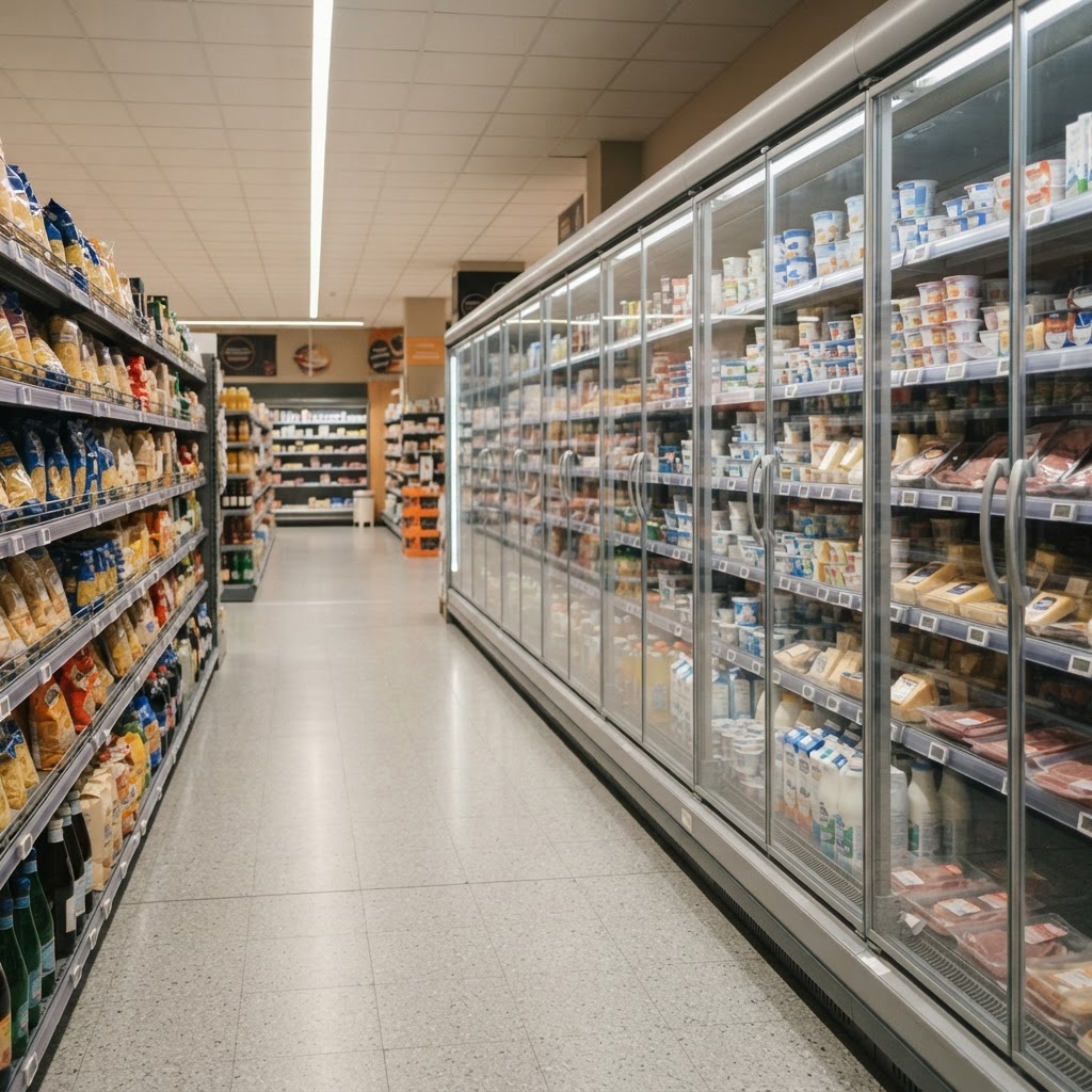Corsia di supermercato con banchi frigoriferi chiusi