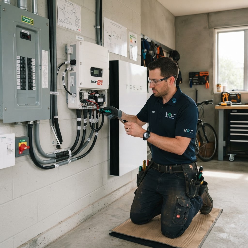Tecnico installa inverter e sistema di accumulo