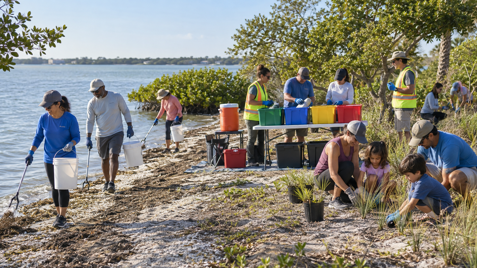 Community volunteers of different ages collecting debris with grabber tools and sorting into colored bins while children plant mangrove seedlings on a shoreline — many people helping in different ways